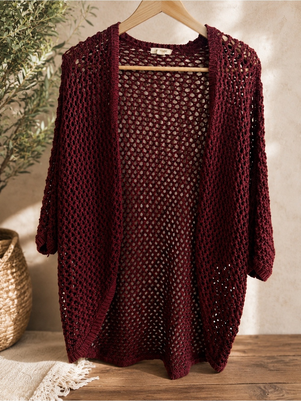Garage Burgundy Open Knit Crochet Cardigan XS/S Boho Oversized Y2K